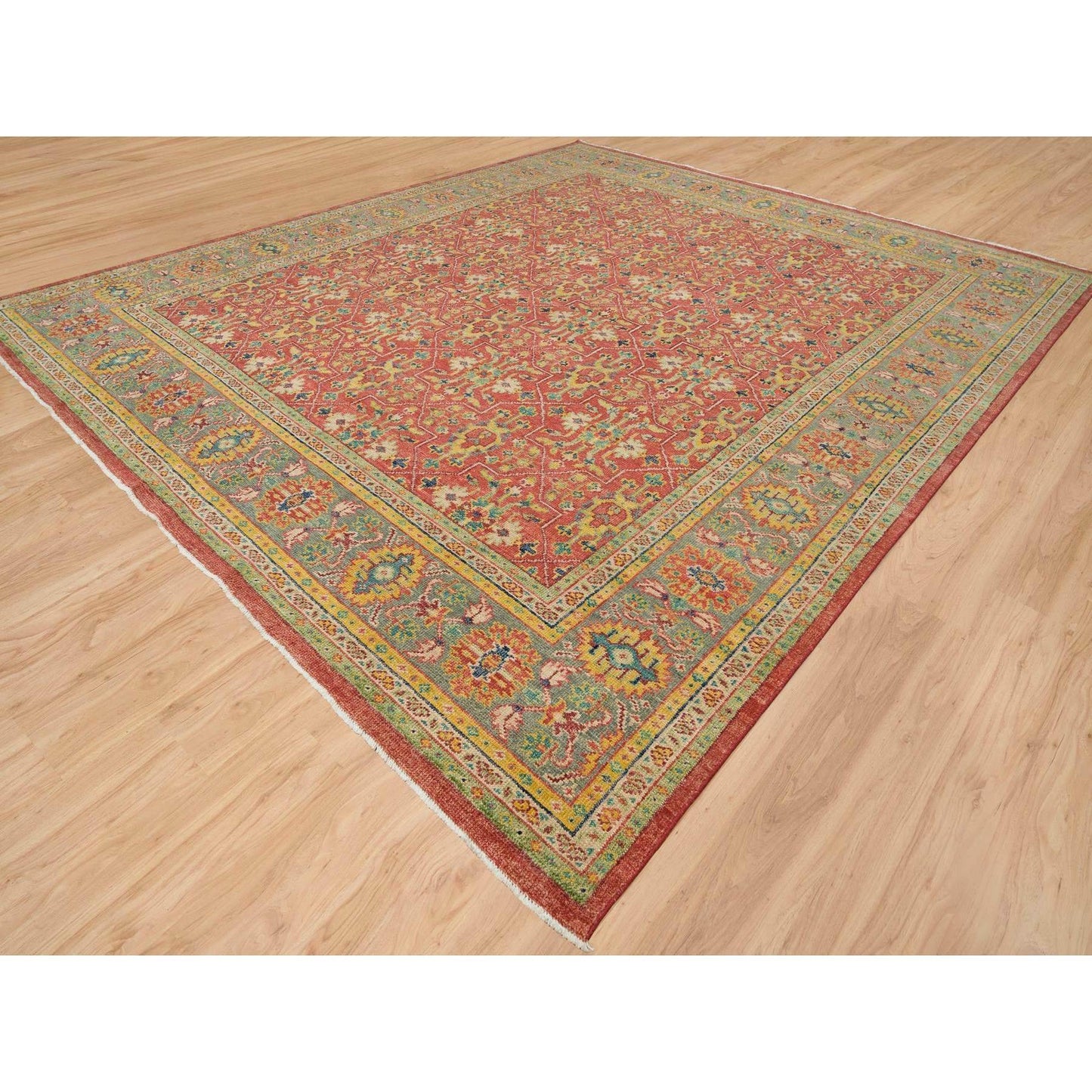 14'X16'5" Red Pure Wool Hand Knotted Antiqued Oushak Design Oversized Rug