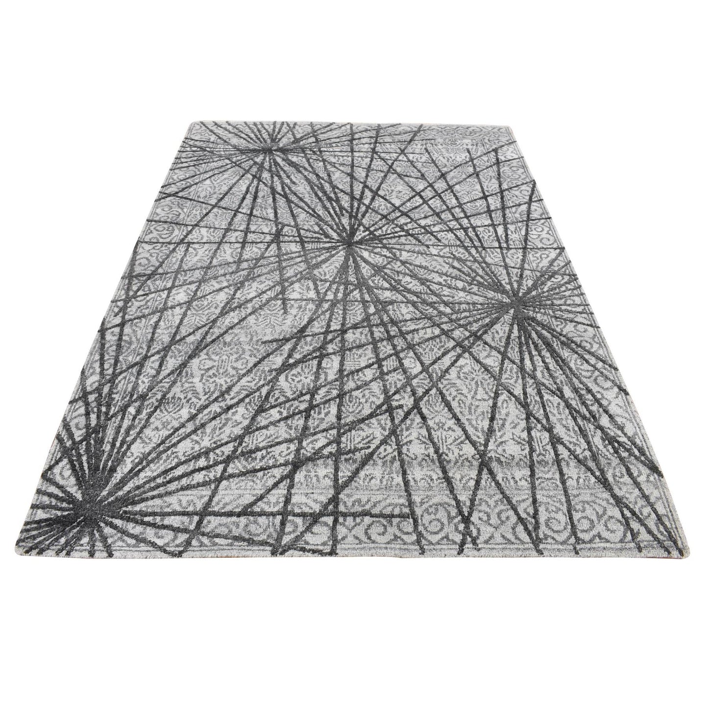 5'6"X7'9" Gainsboro Gray Spider Web Design Wool And Silk Hand Knotted Rug