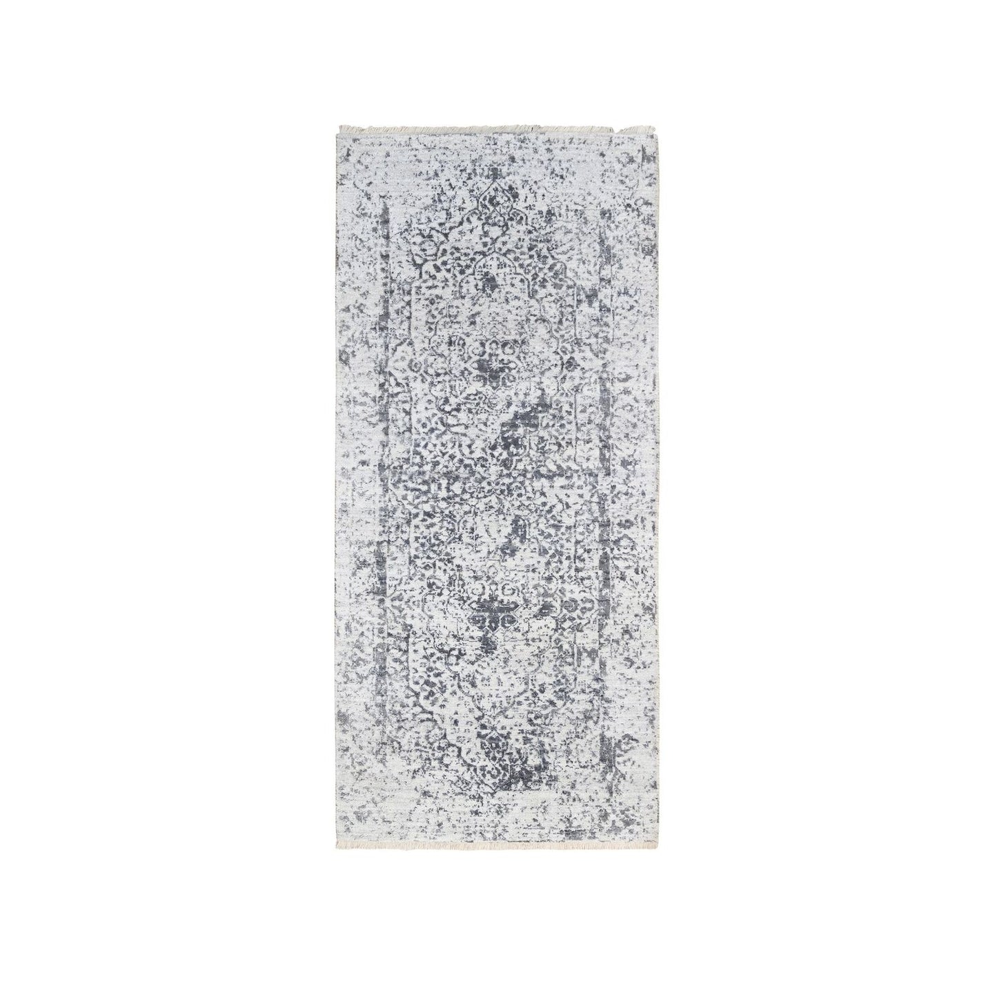 2'6"X6' Hand Knotted Gray Erased Farsian Design Wool/Silk Runner Rug