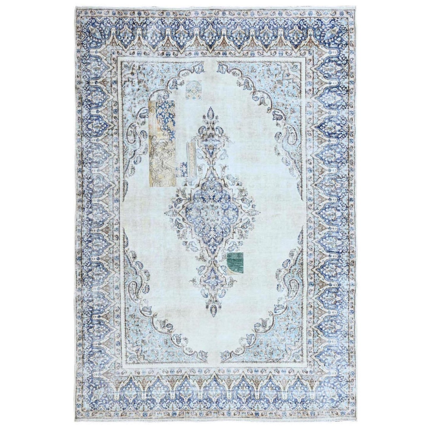 7'2"X10'1" Blue Vintage Zoroastrian Karman Worn Down Wool Hand Knotted Rug