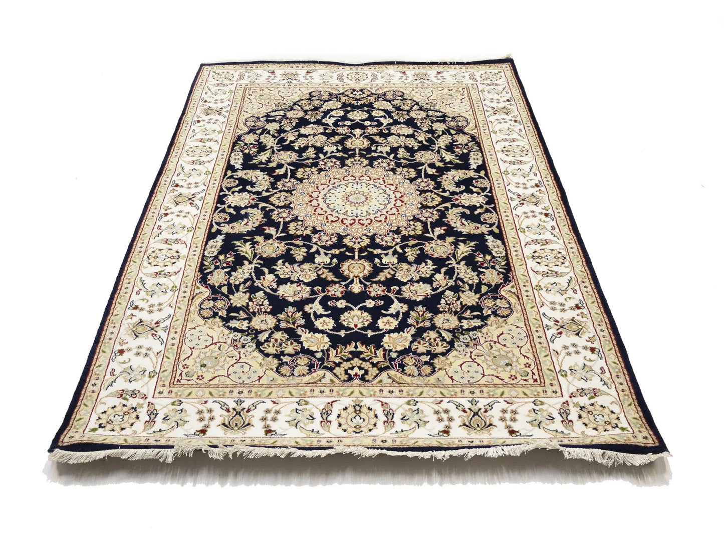 Indo-Nain Black Oriental Rug Floral Medallion
