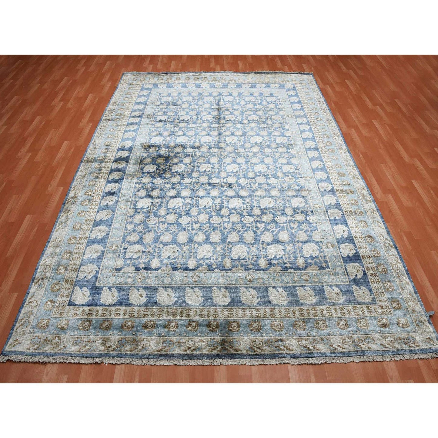 8'9"X12' Yale Blue Hand Knotted 100% Pure Real Silk Khotan Design Rug