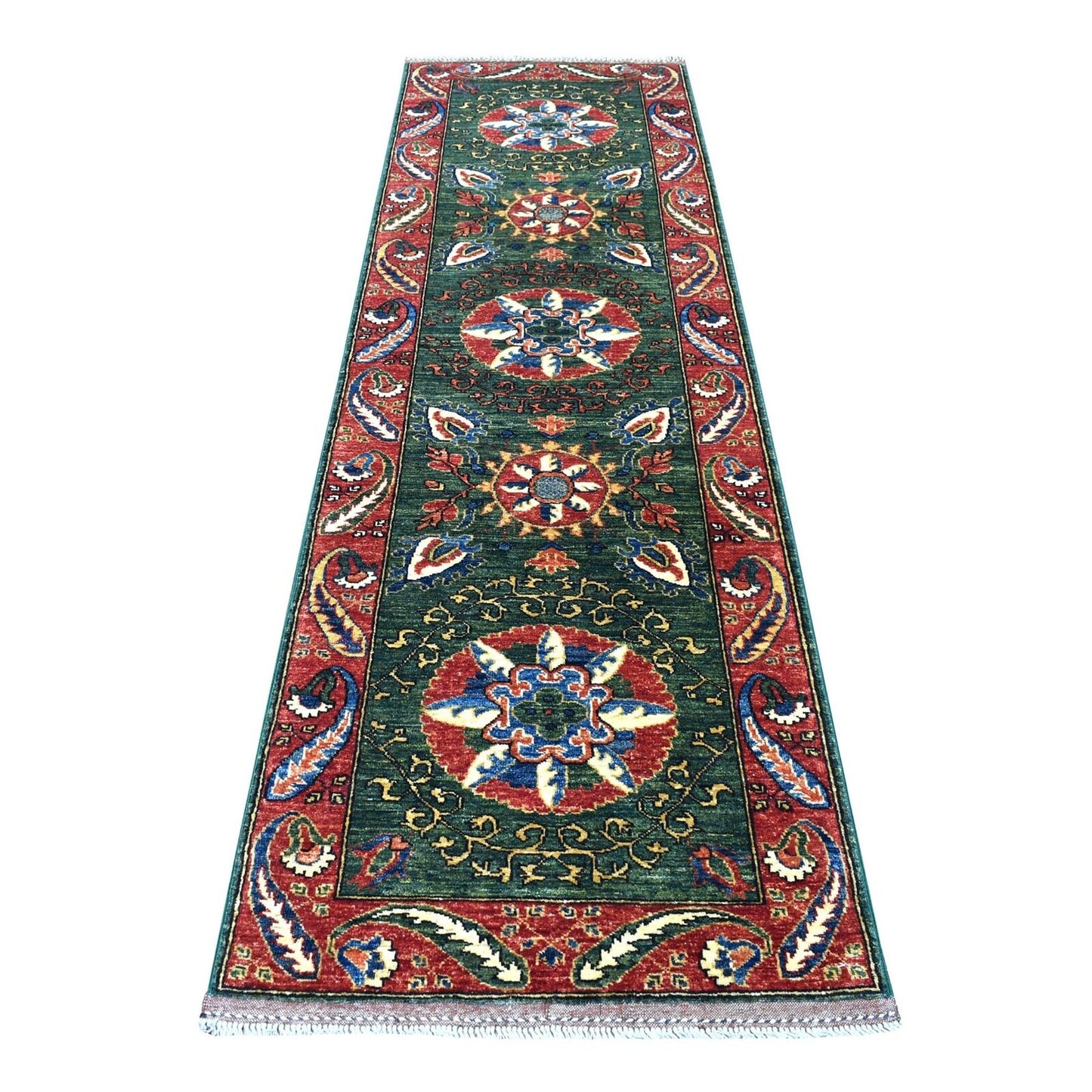 2'9"X9'7" Hand Knotted Green Afghan Turkoman Ersari Tribal Design Rug