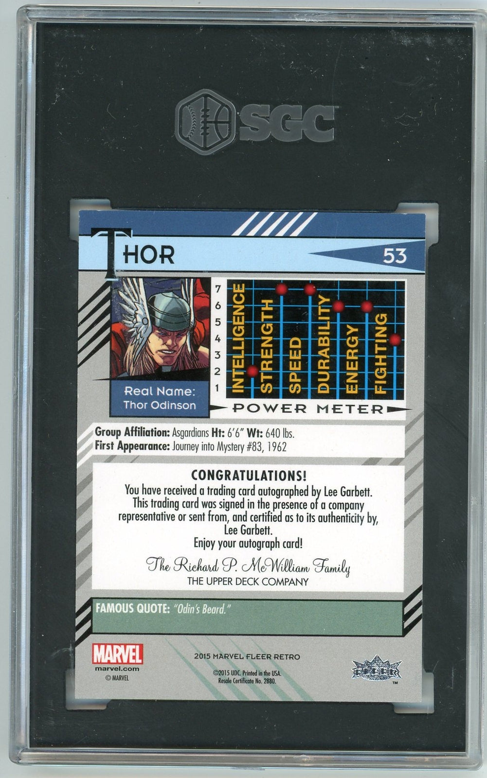 Thor 2015 Fleer Marvel Retro Lee Garbett Autographed Sgc 9 Auto 10
