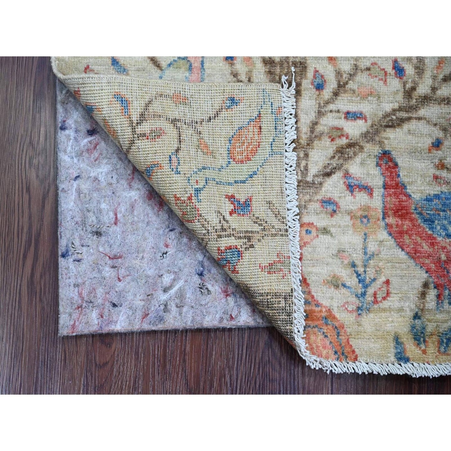 2'X2'10" White Hand Knotted Afghan Peshawar Birds Design All Wool Mat Rug