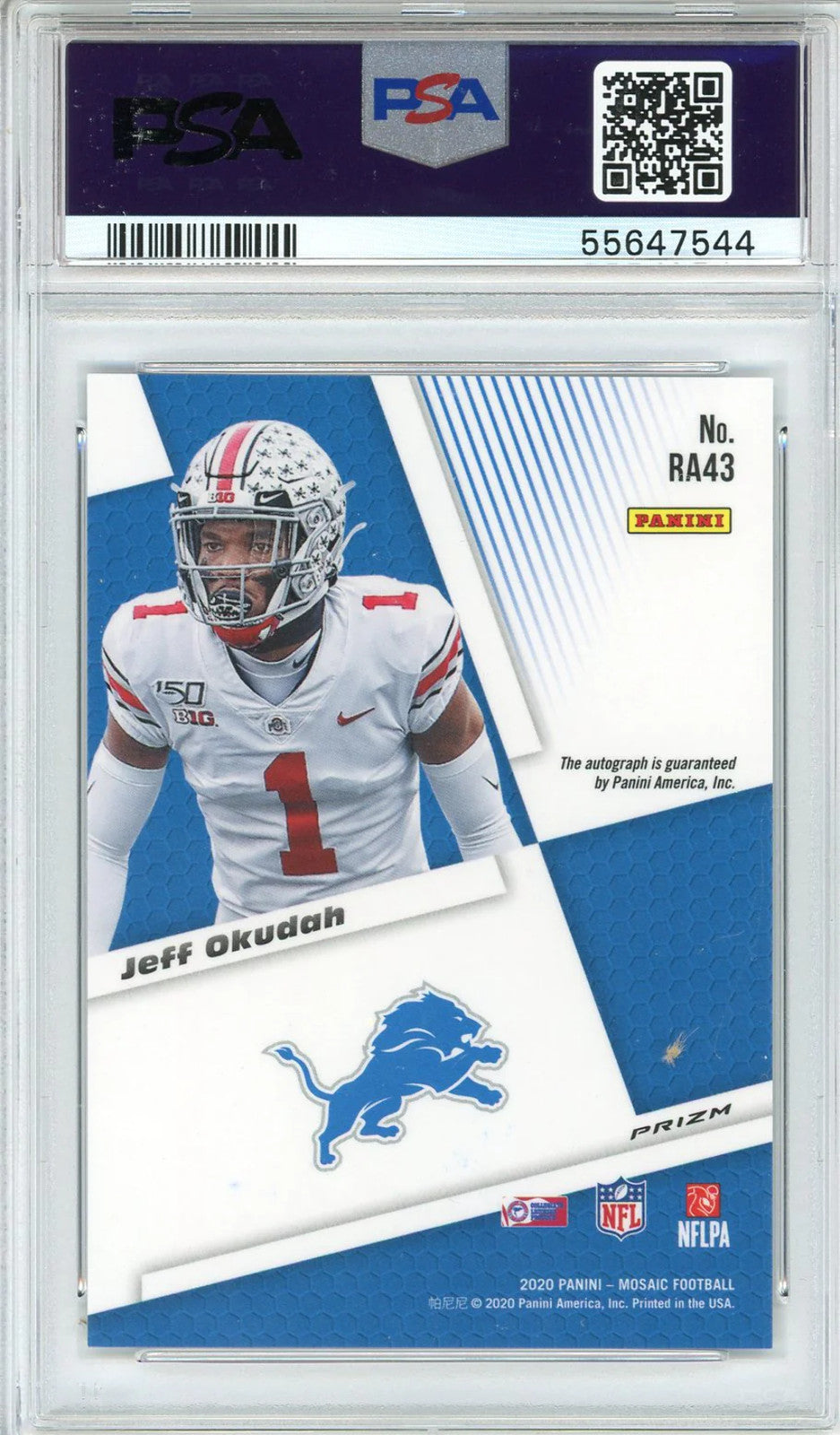 Jeff Okudah Autographed 2020 Panini Mosaic Rookie Prizm Card #Ra43 (Psa 10/10)