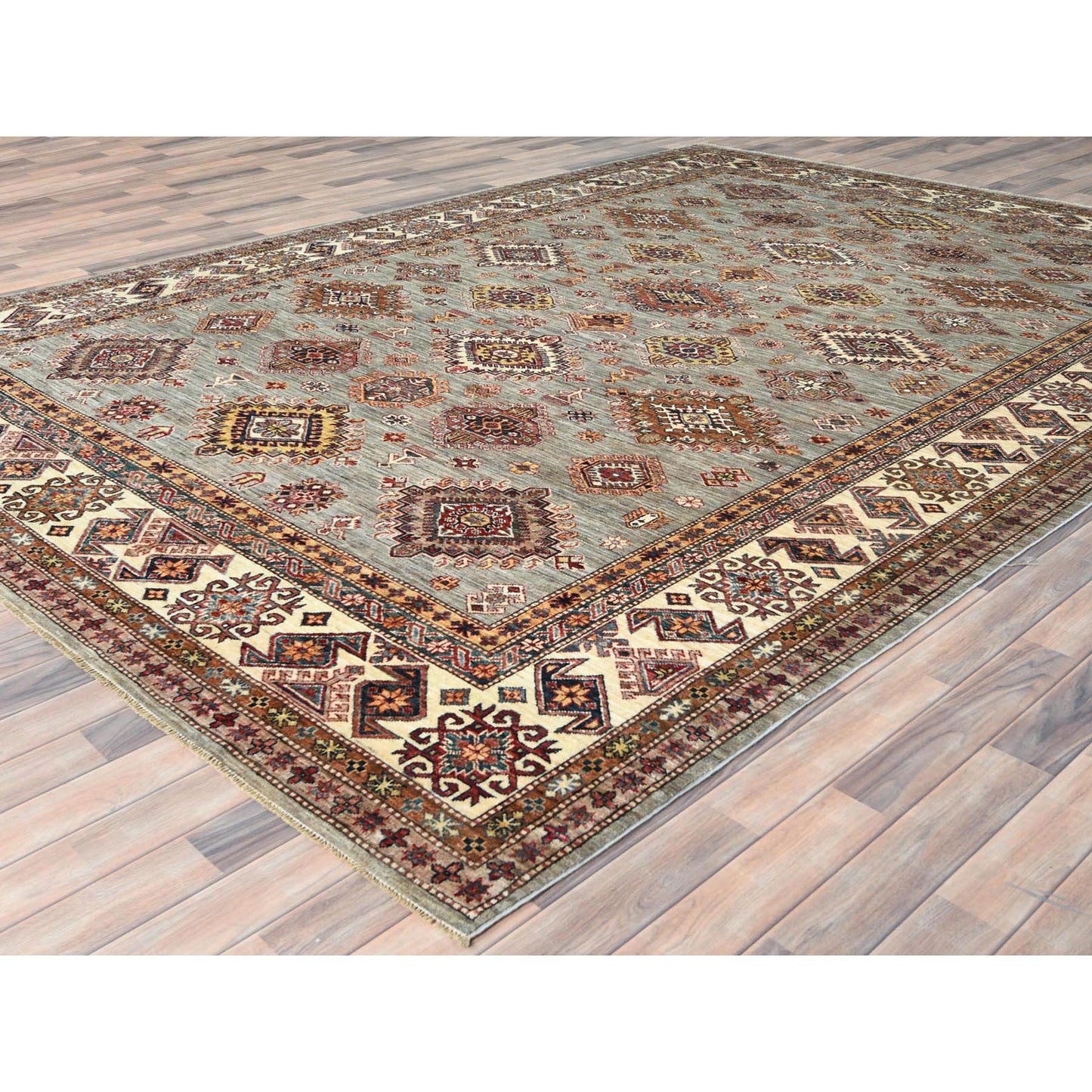 9'X12'4" Stone Gray Soft Wool Hand Knotted Afghan Super Kazak Rug