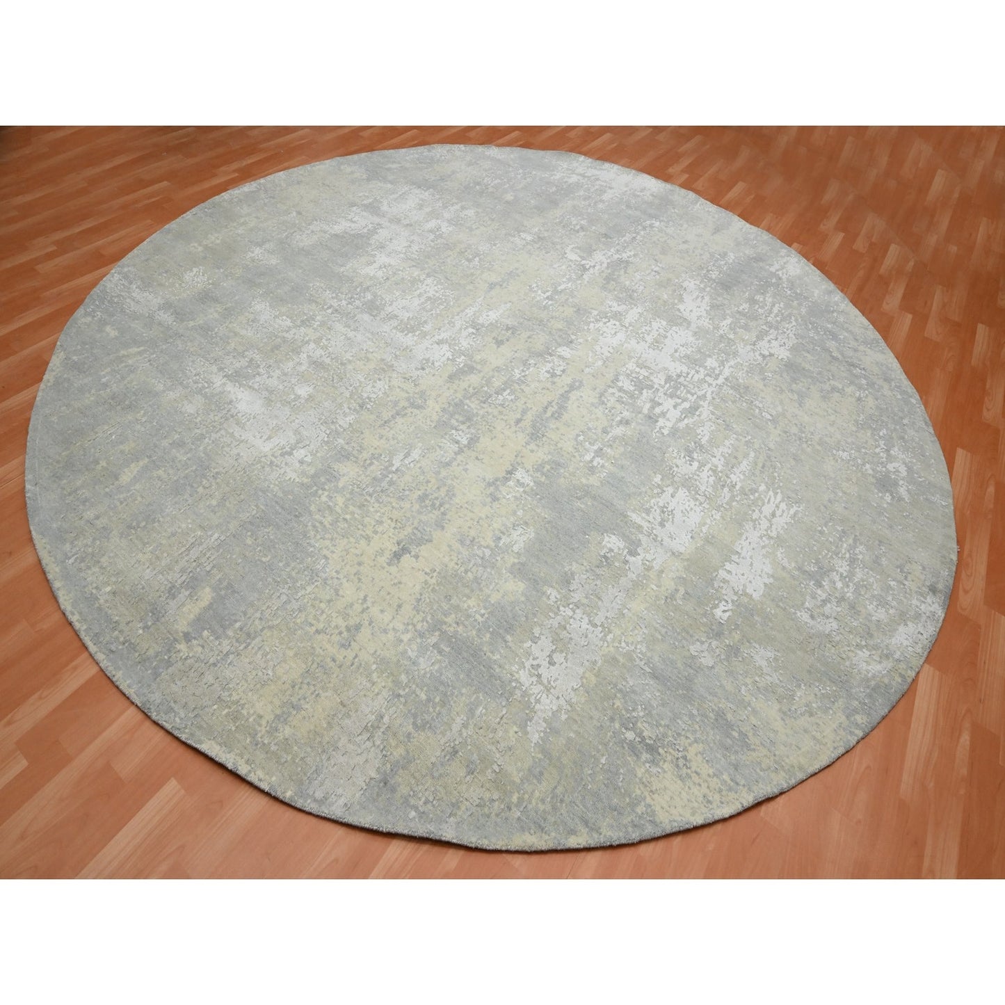 11'10"X11'10" Gray Abstract Design Wool And Silk Hand Knotted Round Rug