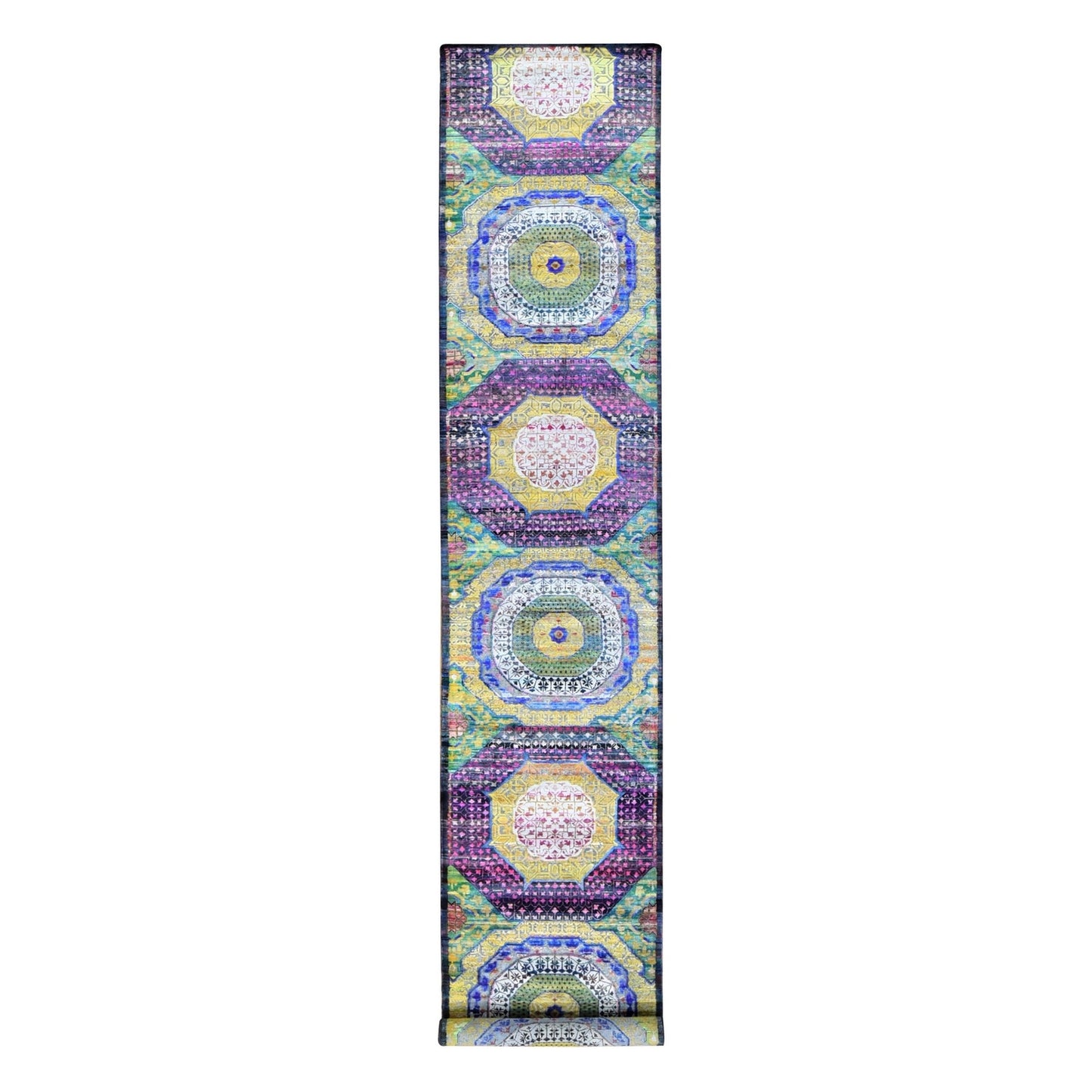 3'1"X17'4" Green Mamluk Design Silk With Wool Hand Knotted Xl Runner Rug