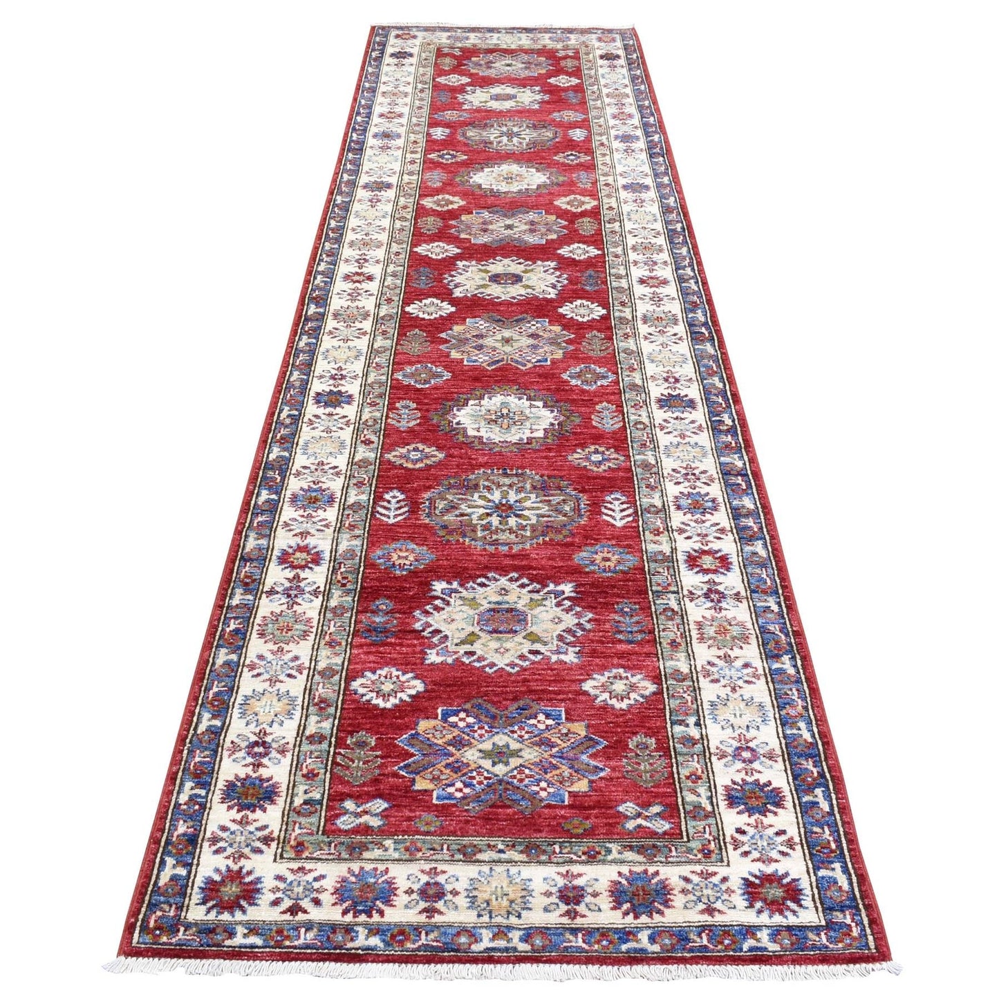 3'1"X11' Rich Red Hand Knotted Kazak Geometric Medallions Wool Runner Rug