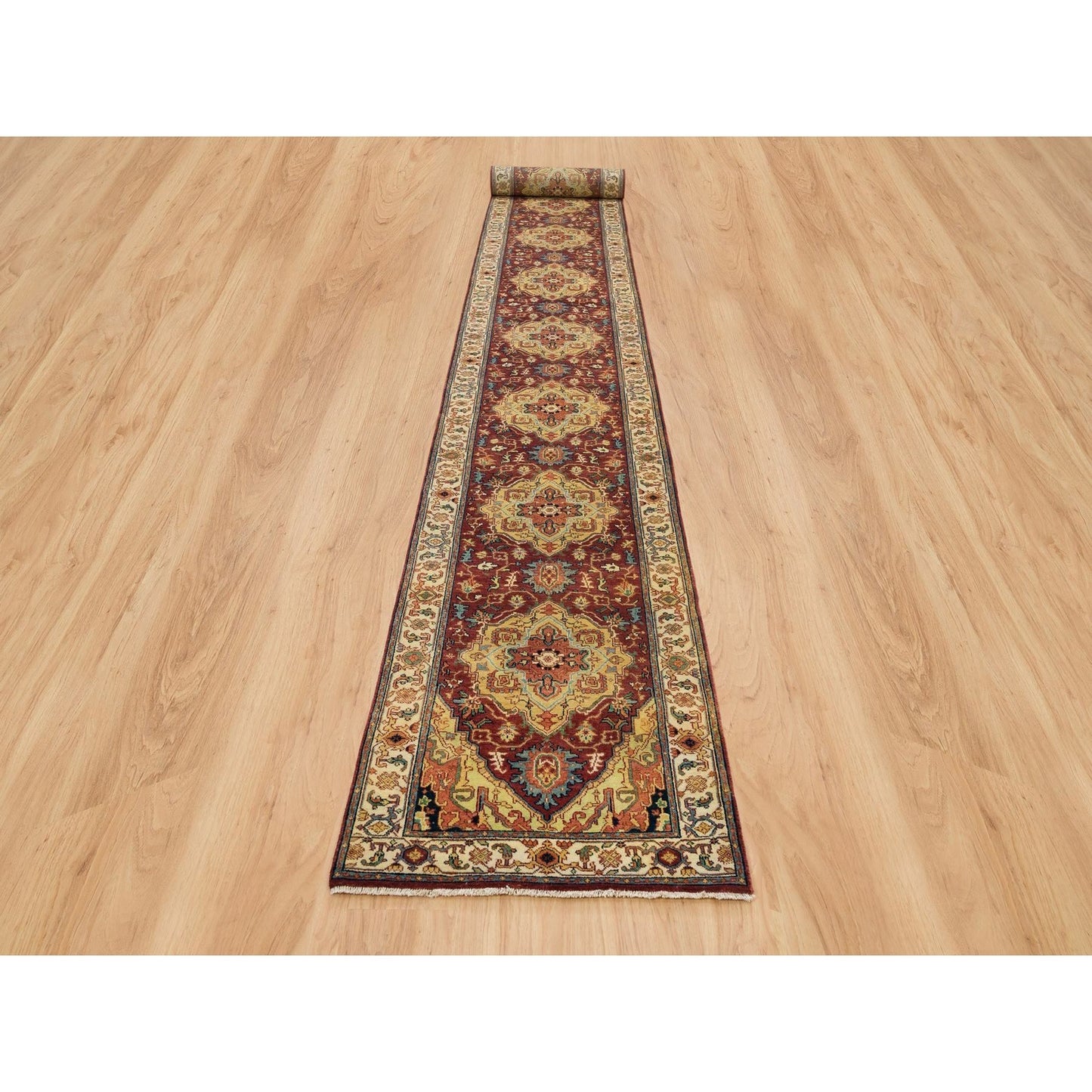 2'7"X22' Red Hand Knotted Heris Re-Creation Soft Wool Xl Runner Rug