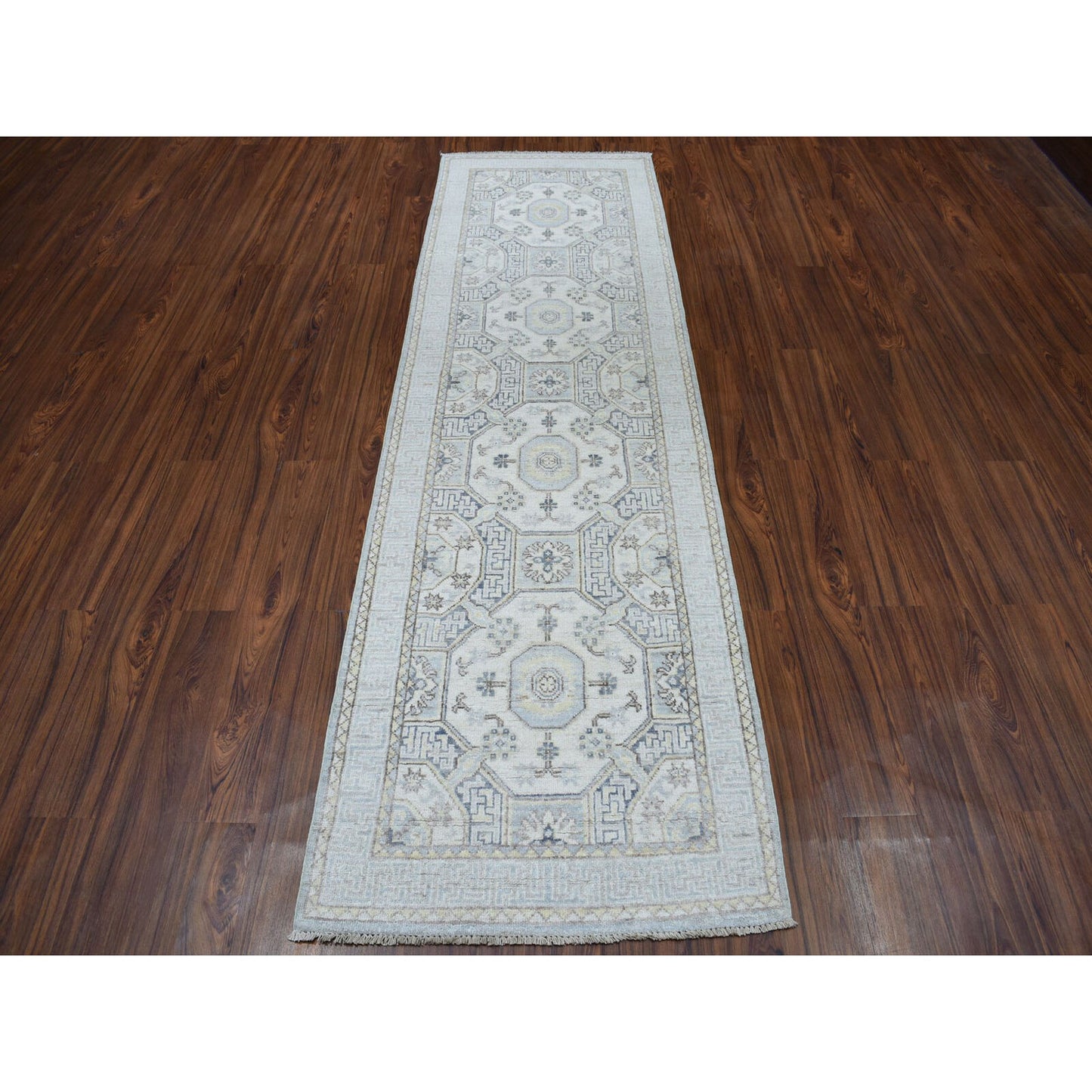 2'9"X9'2" White Wash Peshawar Pure Wool Runner Handmade Oriental Rug