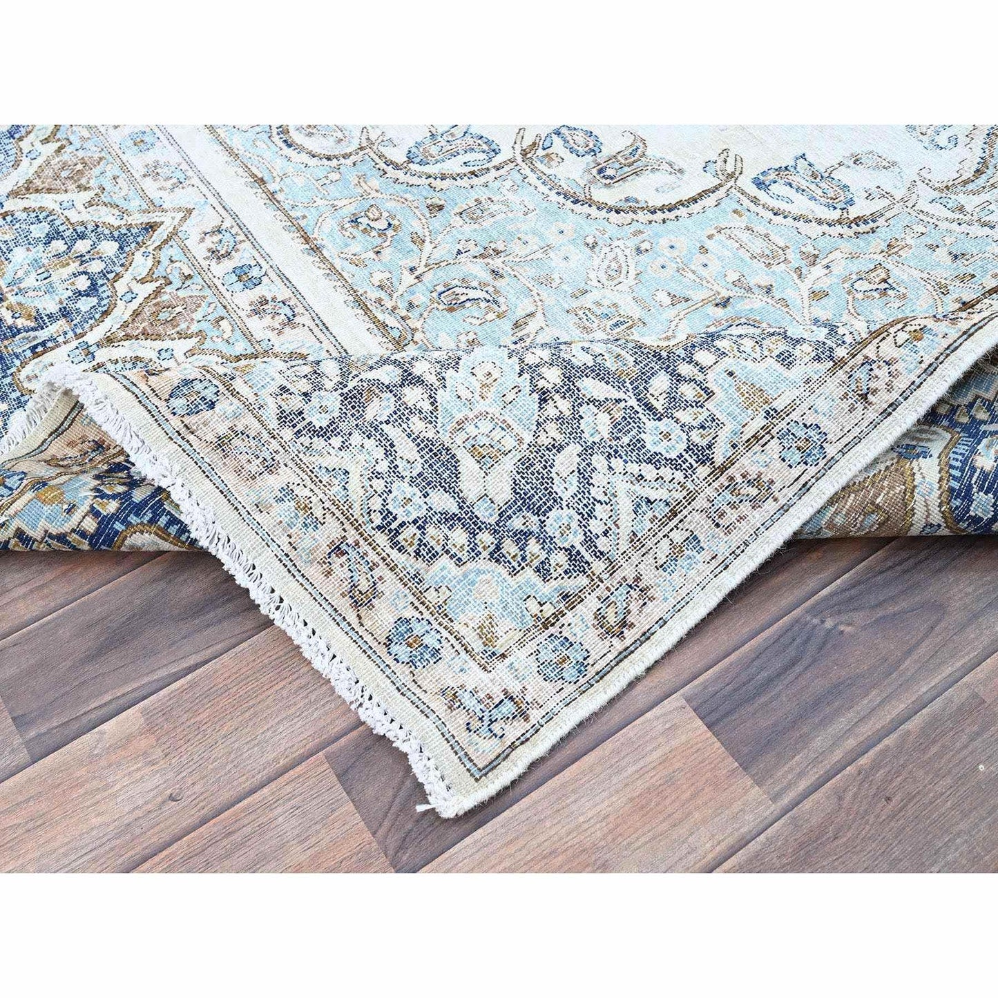 7'2"X10'1" Blue Vintage Zoroastrian Karman Worn Down Wool Hand Knotted Rug