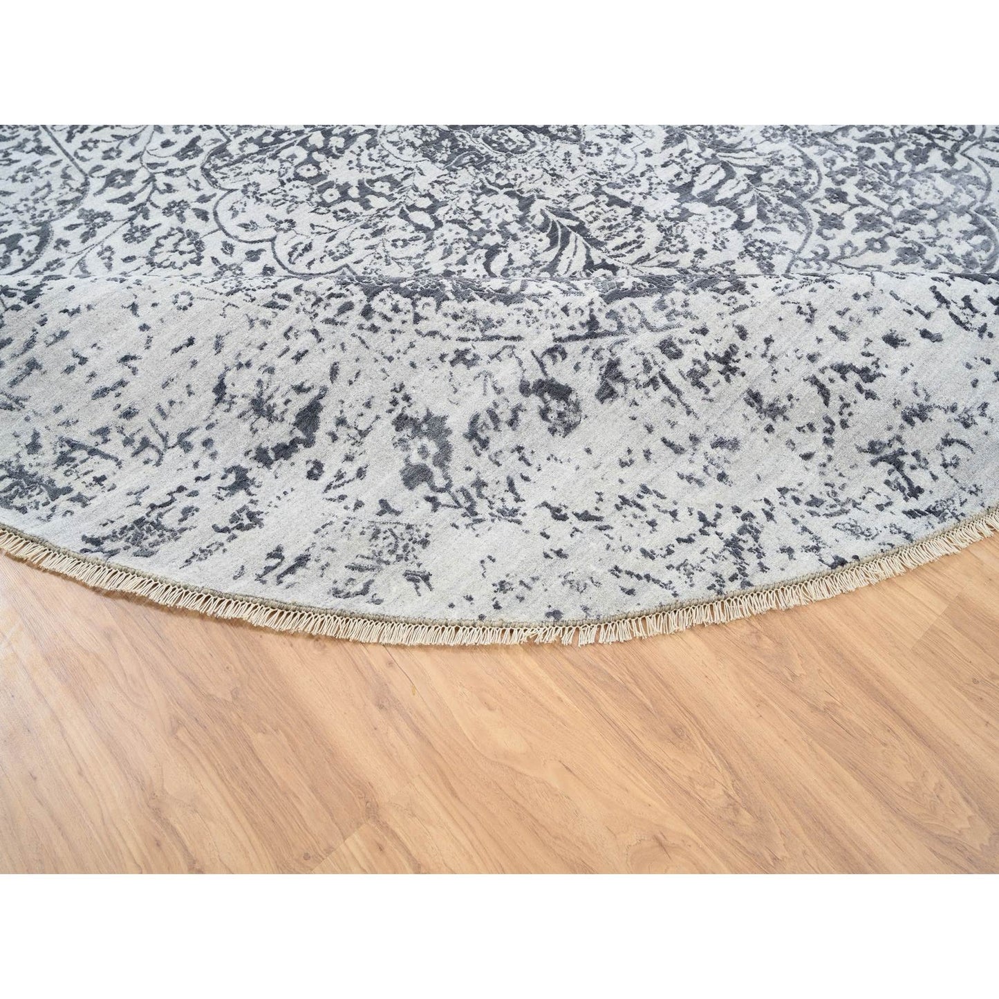 9'9"X9'9" Gray Erased Farsian Design Wool/Silk Hand Knotted Round Rug