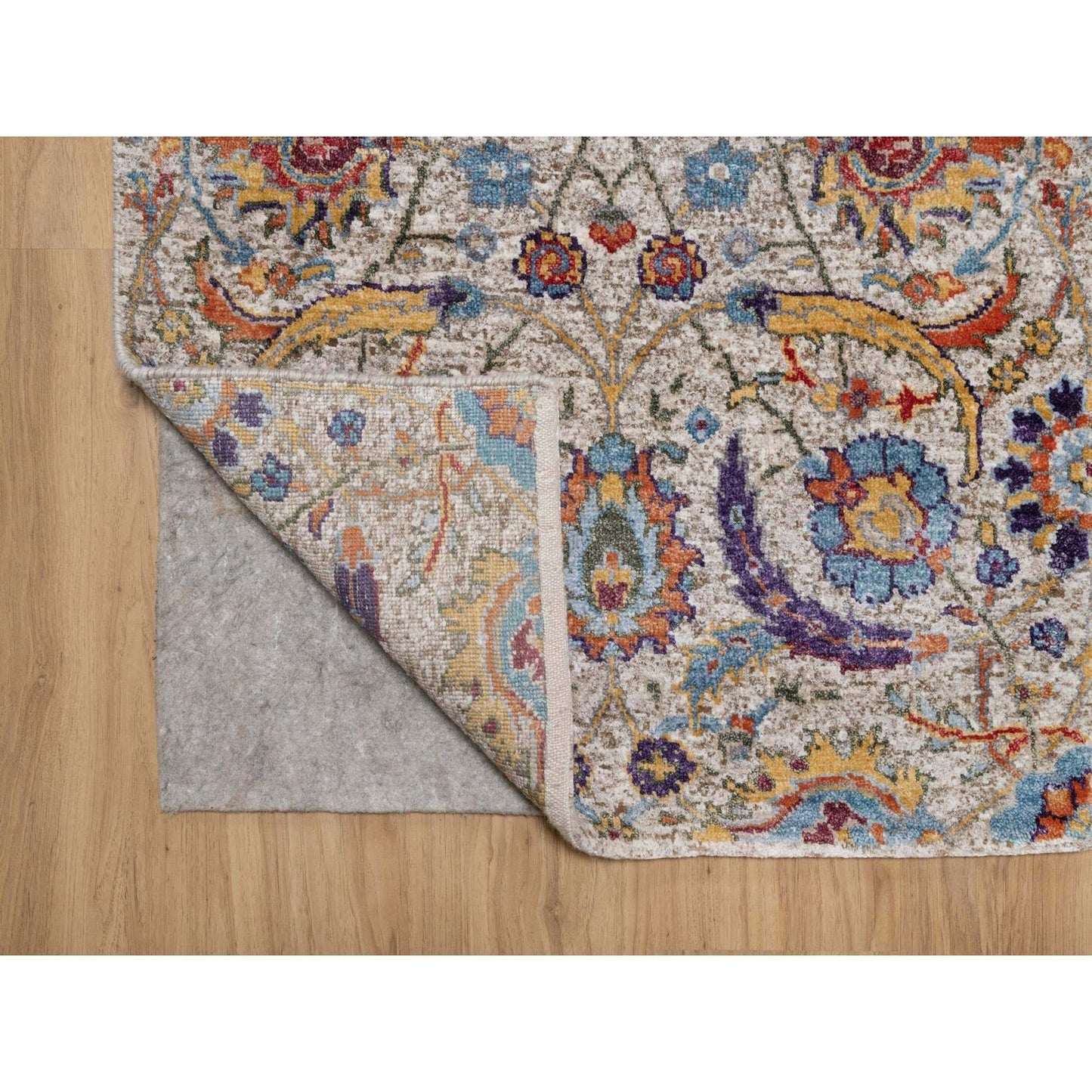 2'5"X26' White Silk With Wool Hand Knotted Sickle Leaf Design Runner Rug