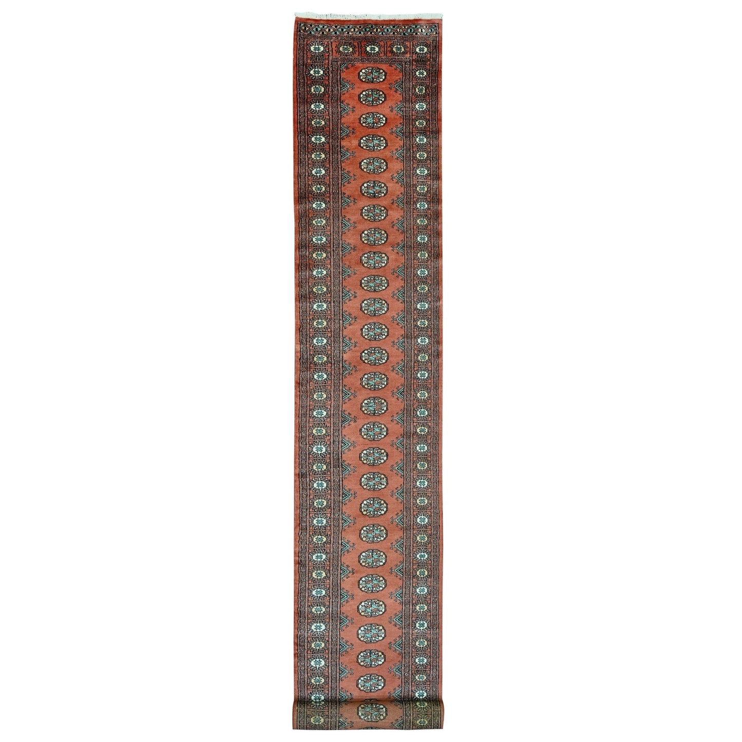 2'6"X19'7" Red Hand Knotted Mori Bokara Geometric Design Wool Runner Rug