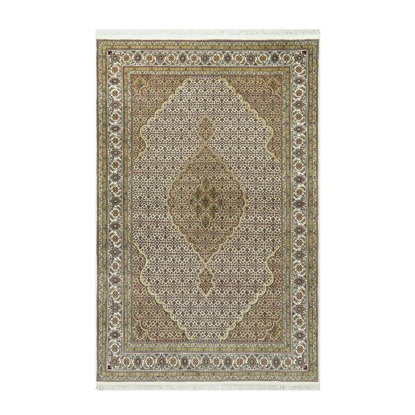 5'10"X9'2" Silky White Wool Tebraz Mahi Design Hand Knotted Oriental Rug