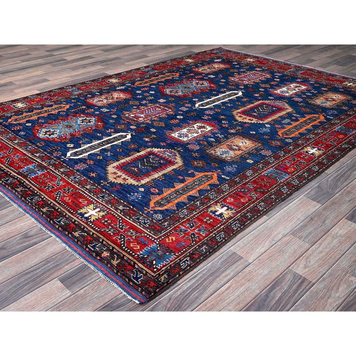 6'1"X8'5" Blue Afghan Caucasian Design Revival Hand Knotted Soft Wool Rug