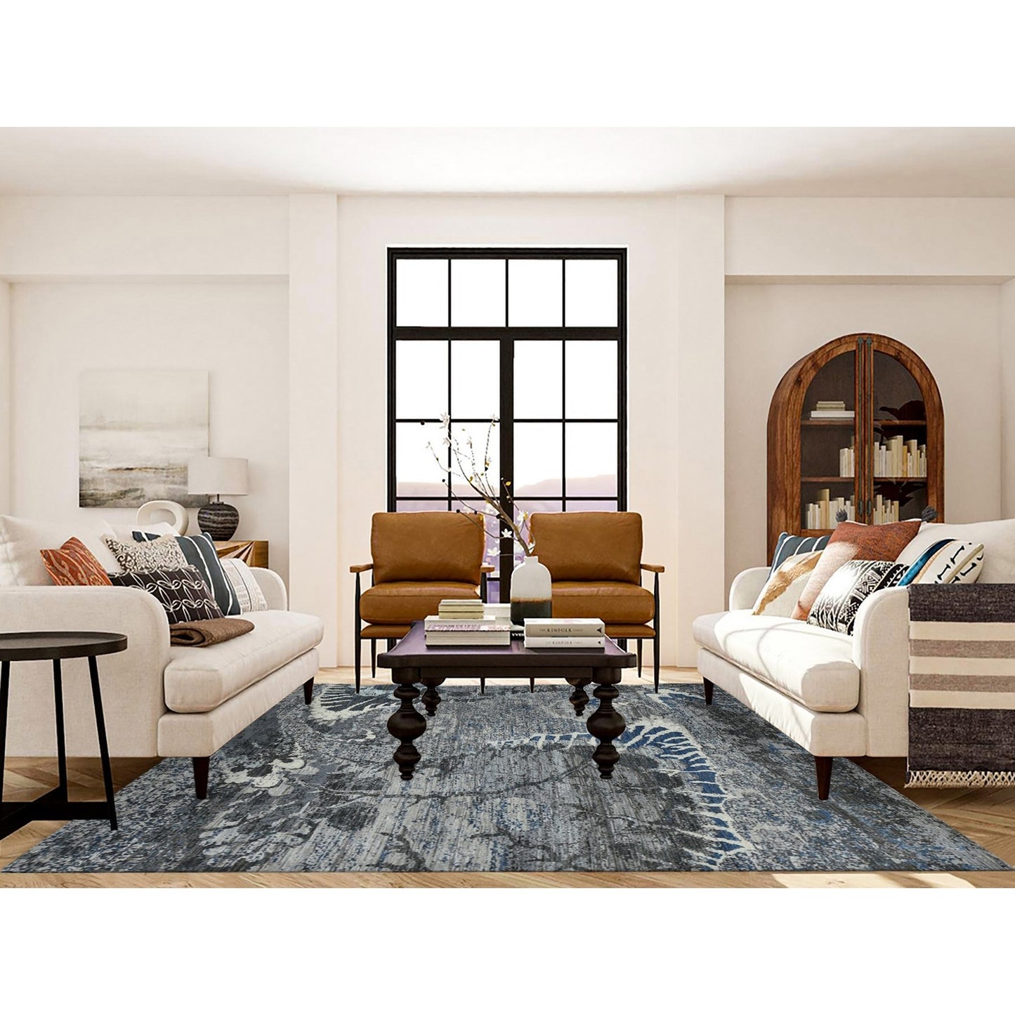 8'1"X10'1" Gray Broken Flower Design Pure Wool Hand Knotted Rug