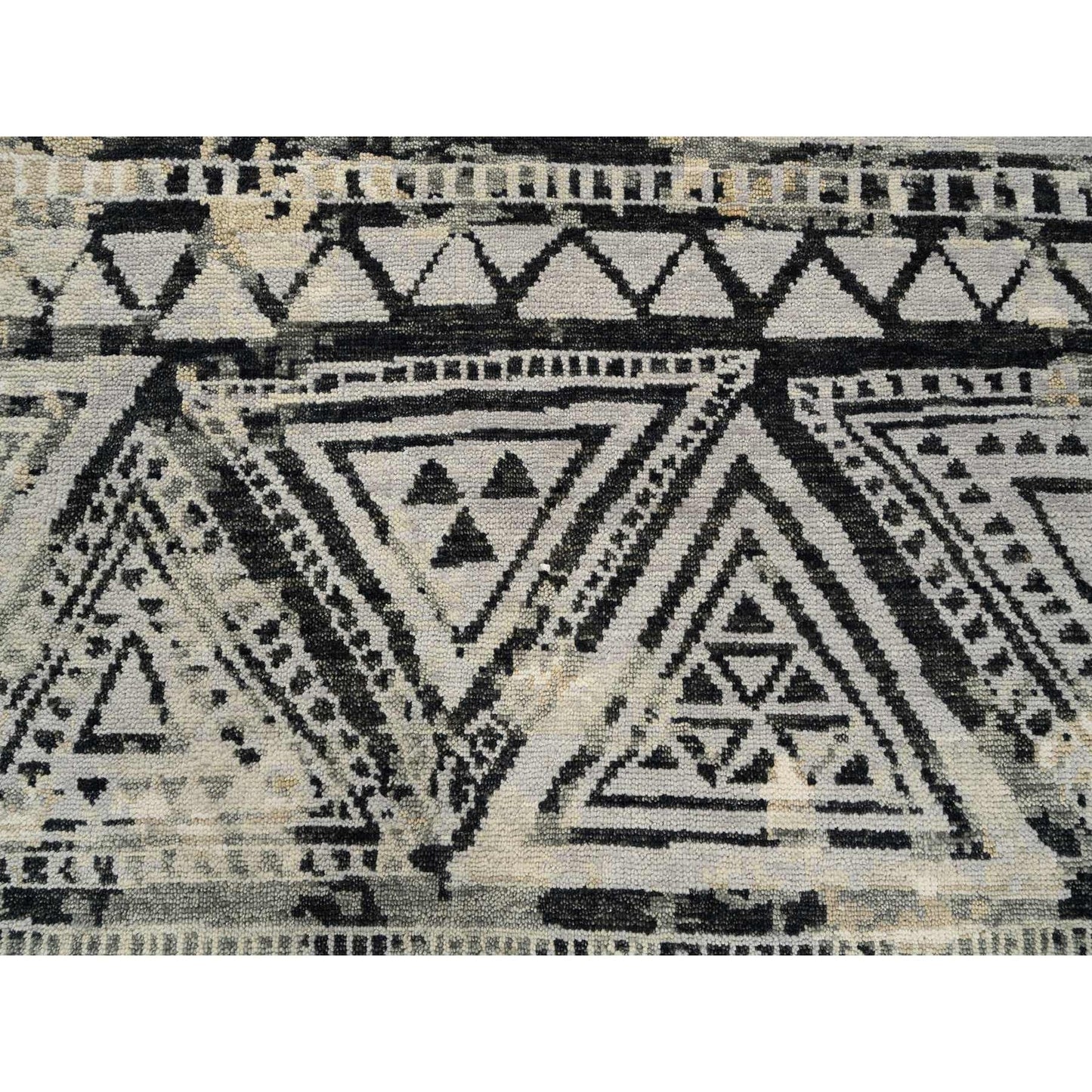 9'1"X12' Gray Erased Ethnic Geometric Design Wool Hand Knotted Rug