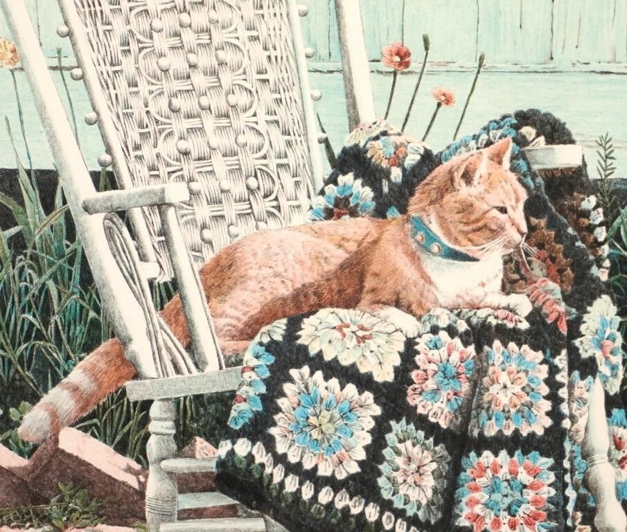 Helen Rundell Lithograph Rocking Chair Cat Signed