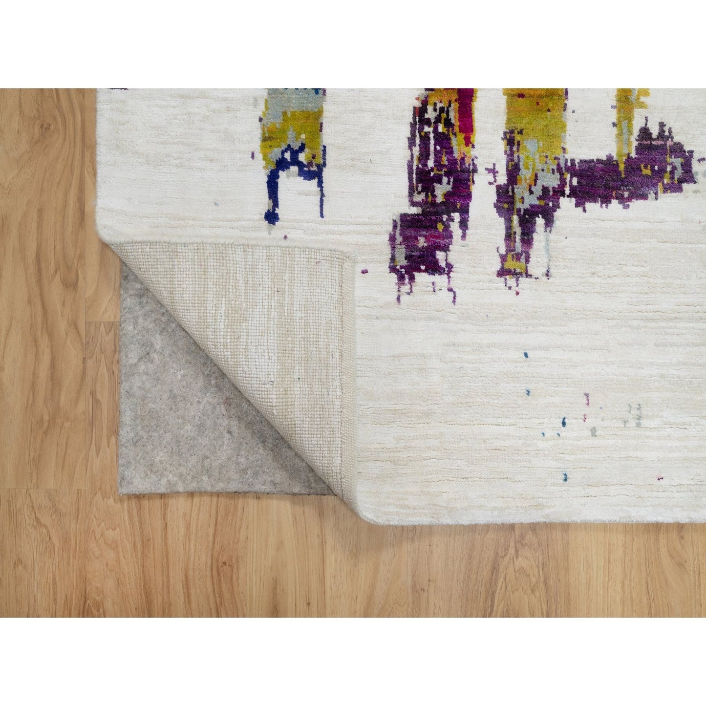 2'6"X9'10" Ivory Abstract Motifs Wool And Silk Hand Knotted Runner Rug