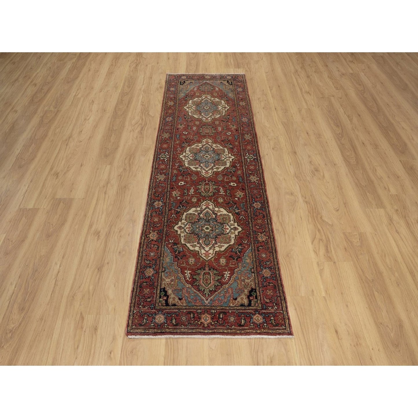 2'6"X8' Red Antiqued Heris Re-Creation Hand Knotted Soft Wool Runner Rug