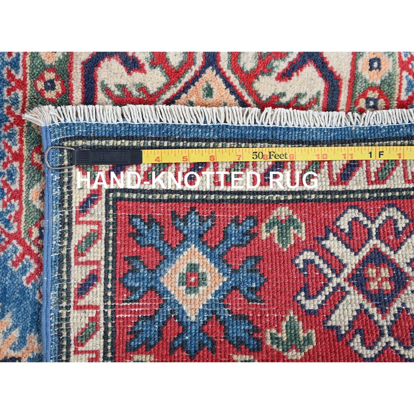 4'1"X6' Blue Kazak With Geometric Design Hand Knotted All Wool Oriental Rug