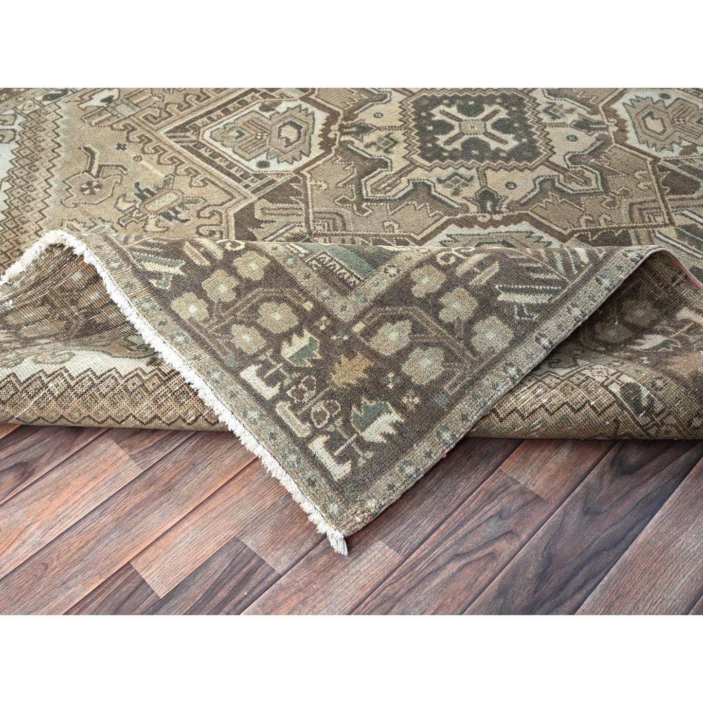 6'7"X9'3" Khaki Brown Vintage Zoroastrian Heris Hand Knotted Pure Wool Rug