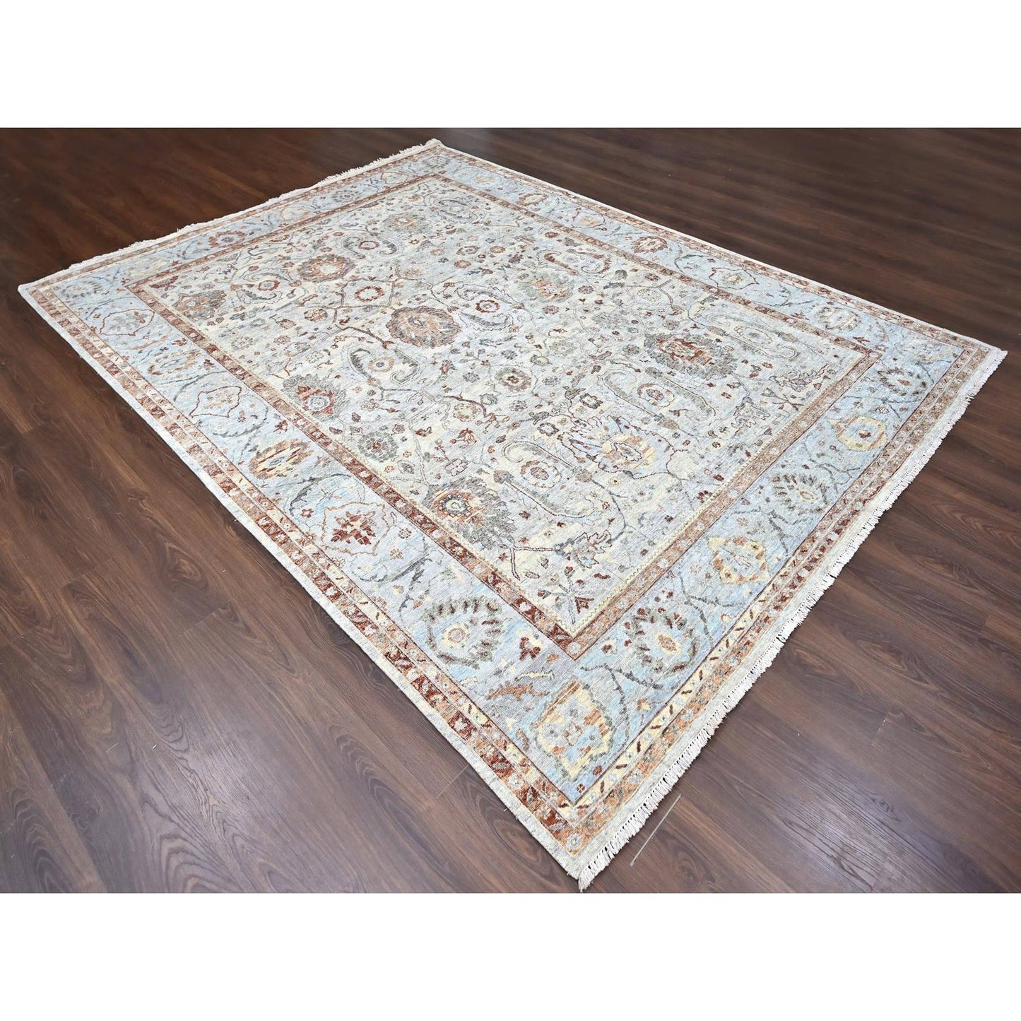9'X11'9" Gray Pure Wool Antiqued Ziegler Mahal Design Hand Knotted Rug