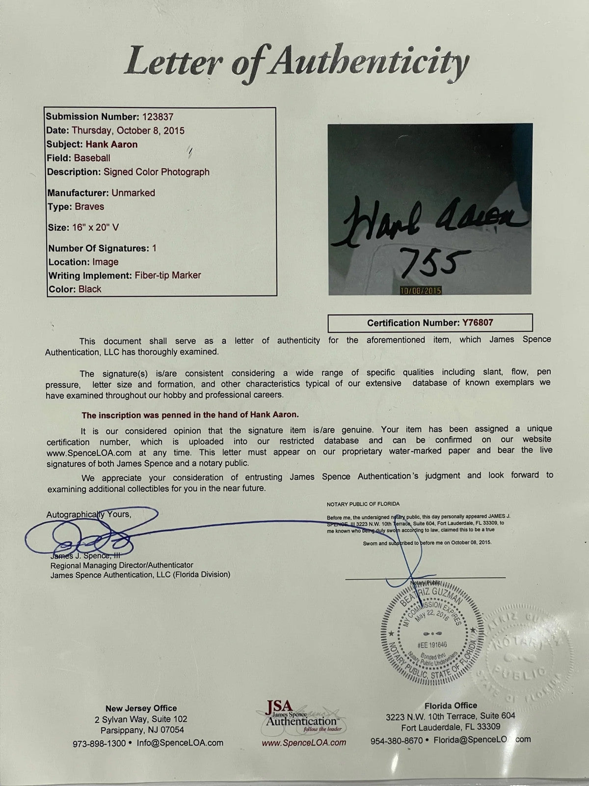 Hank Aaron Autographed Framed 16X20 Photo (Jsa)