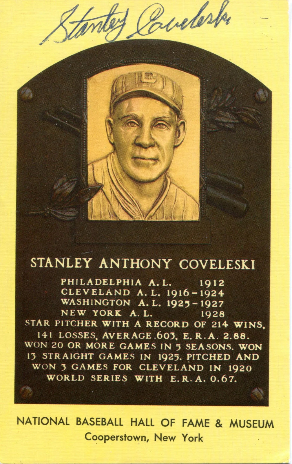 Stanley Coveleski Autographed Hall Of Plaque Card