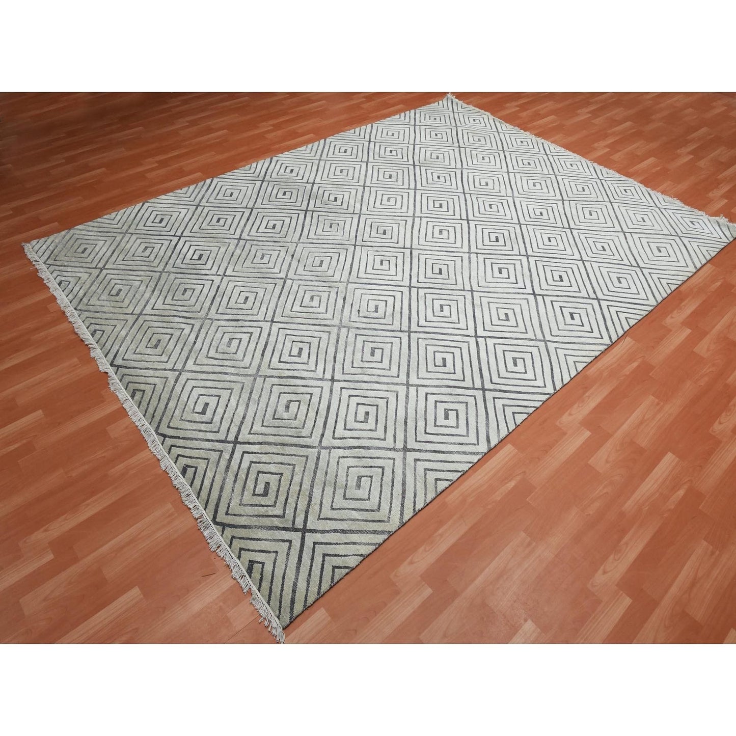 9'X12'1" Ivory Modern Roman Key Design Silk With Wool Hand Knotted Rug