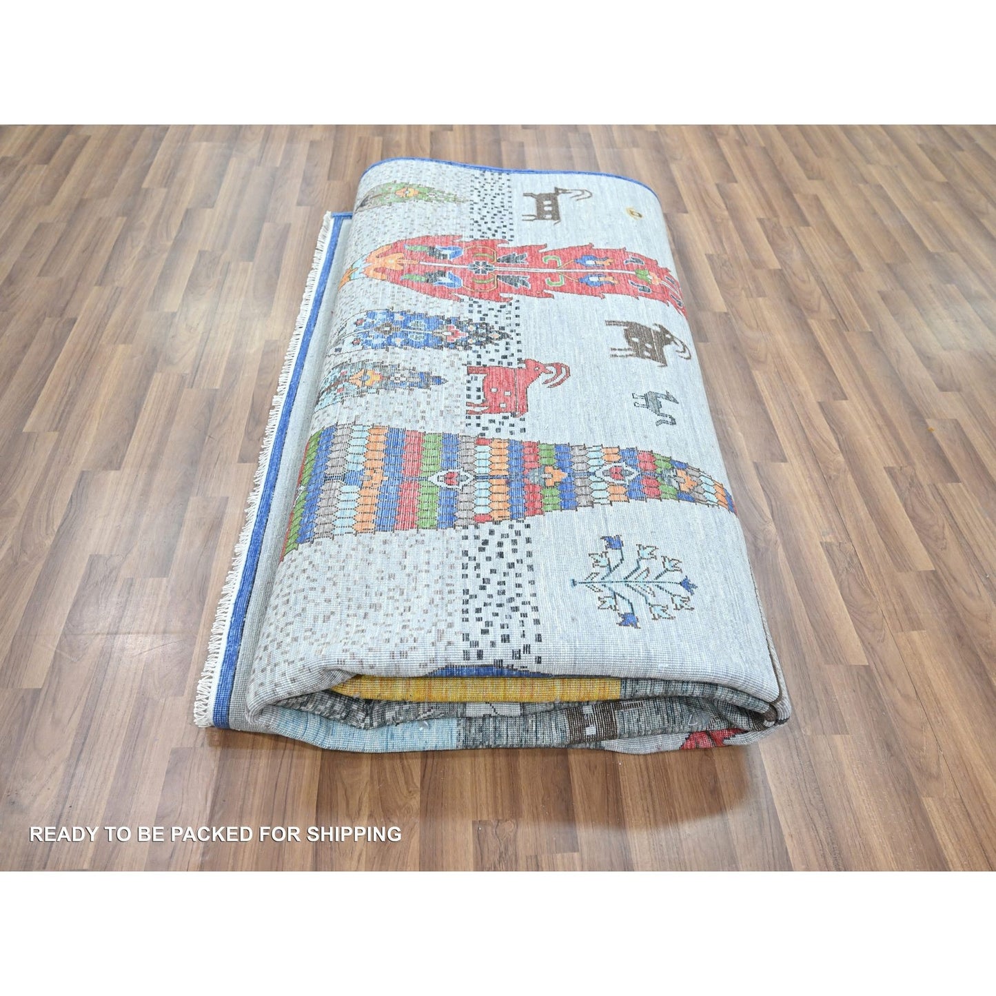 9'X12' Gray Pictorial With Tree And Animals Design Hand Knotted Wool Rug