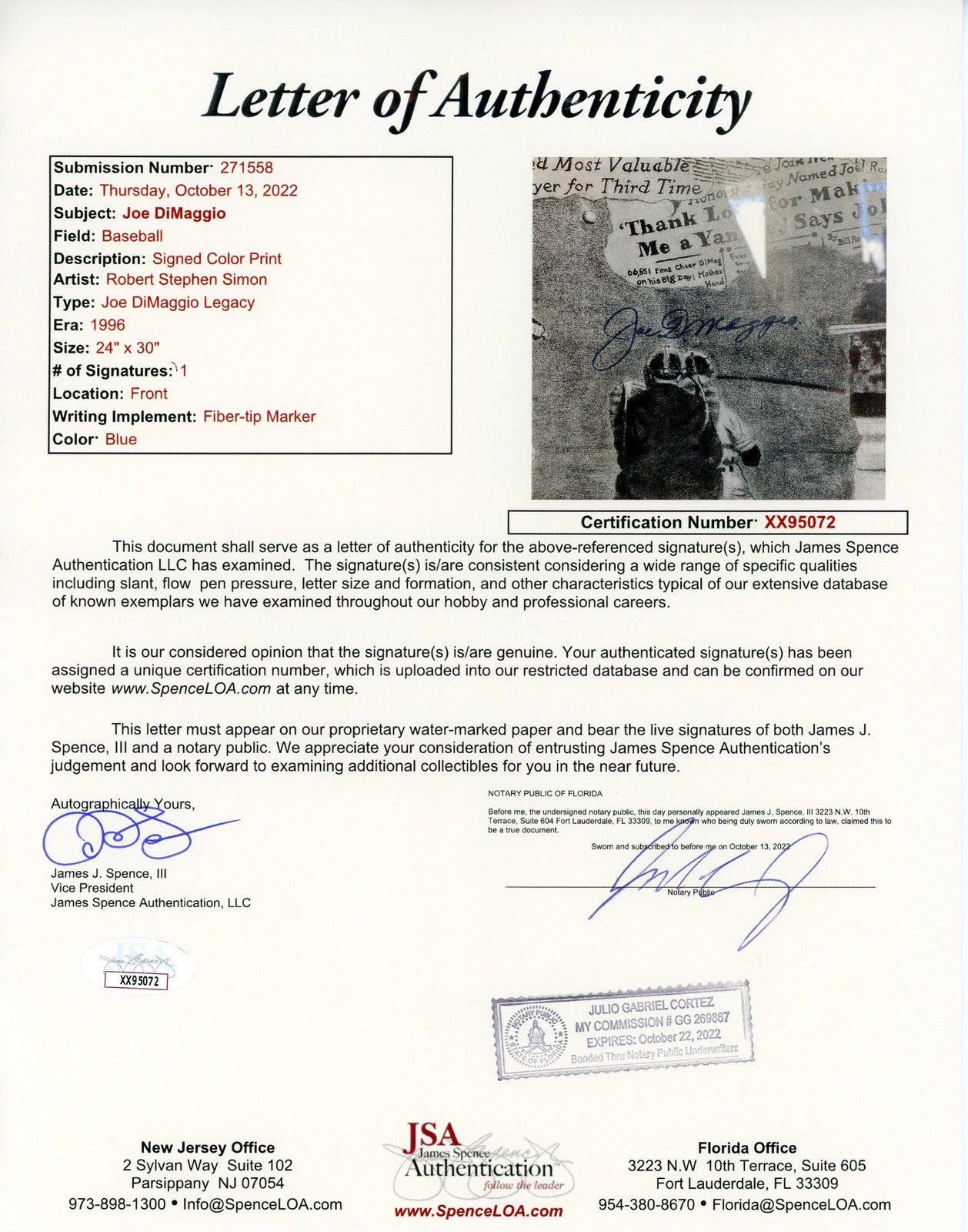 Joe Dimaggio Autographed Framed Poster (Jsa)