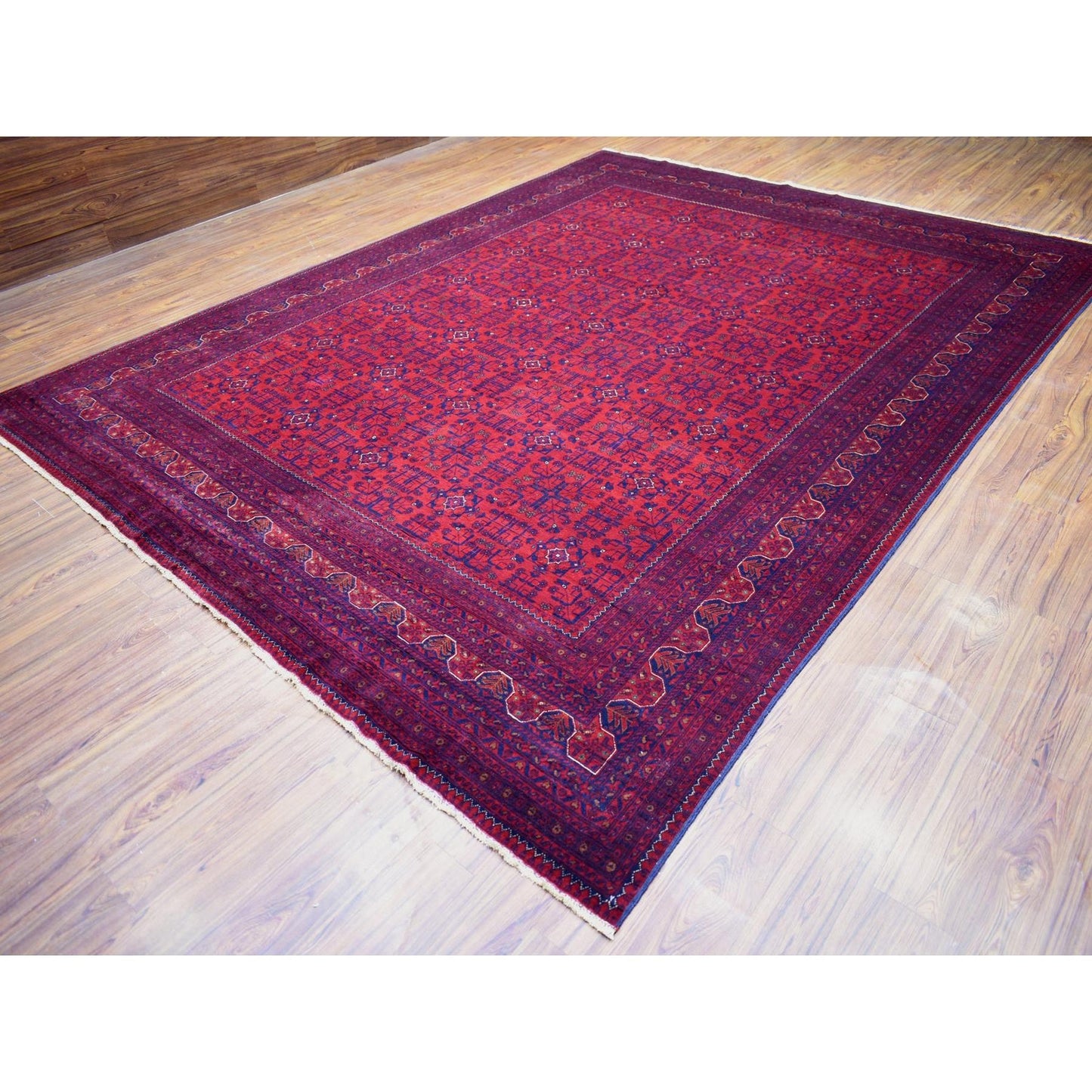 10'X12'10" Red Hand Knotted Soft Wool Afghan Khamyab Geometric Design Rug