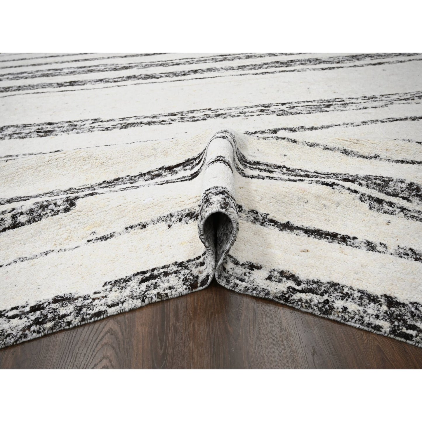 12'2"X14'9" Ivory Striae Design Wool Hand Knotted Oversized Oriental Rug
