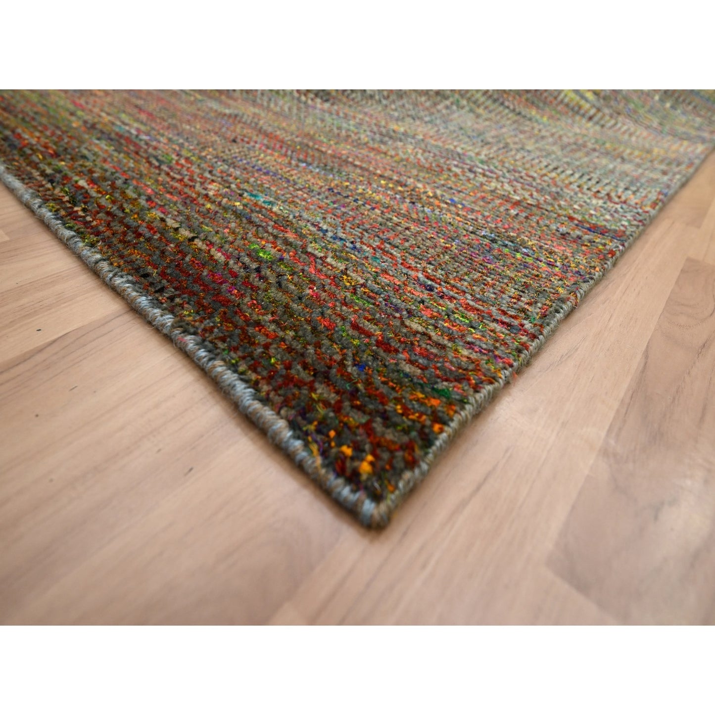 9'1"X12'2" Olive Green Wool And Silk Modern Grass Design Hand Knotted Rug