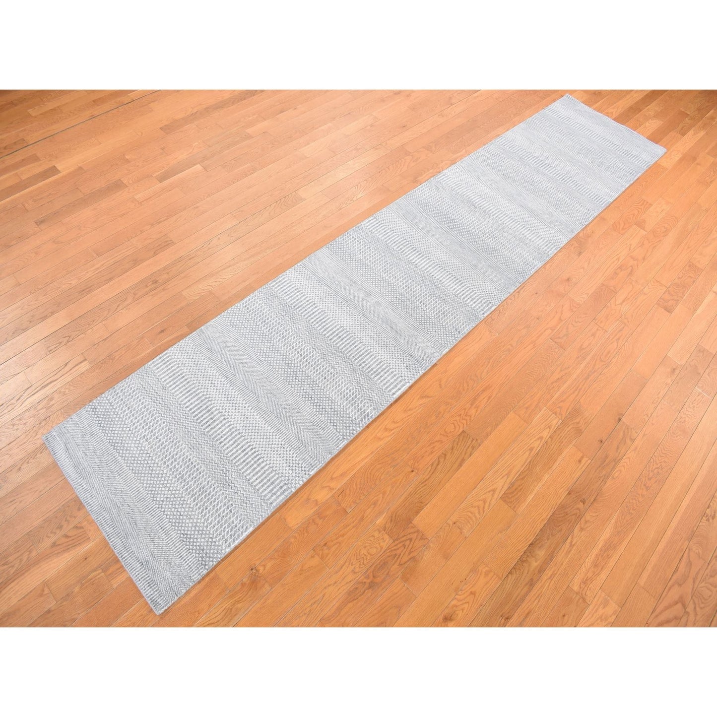 2'6"X12' Blue Grass Design Hand Knotted Wool And Silk Modern Runner Rug