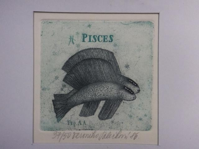 Veronika Paleckova "Pisces" Signed Color Etching Limited 50 Zodiac Art Framed