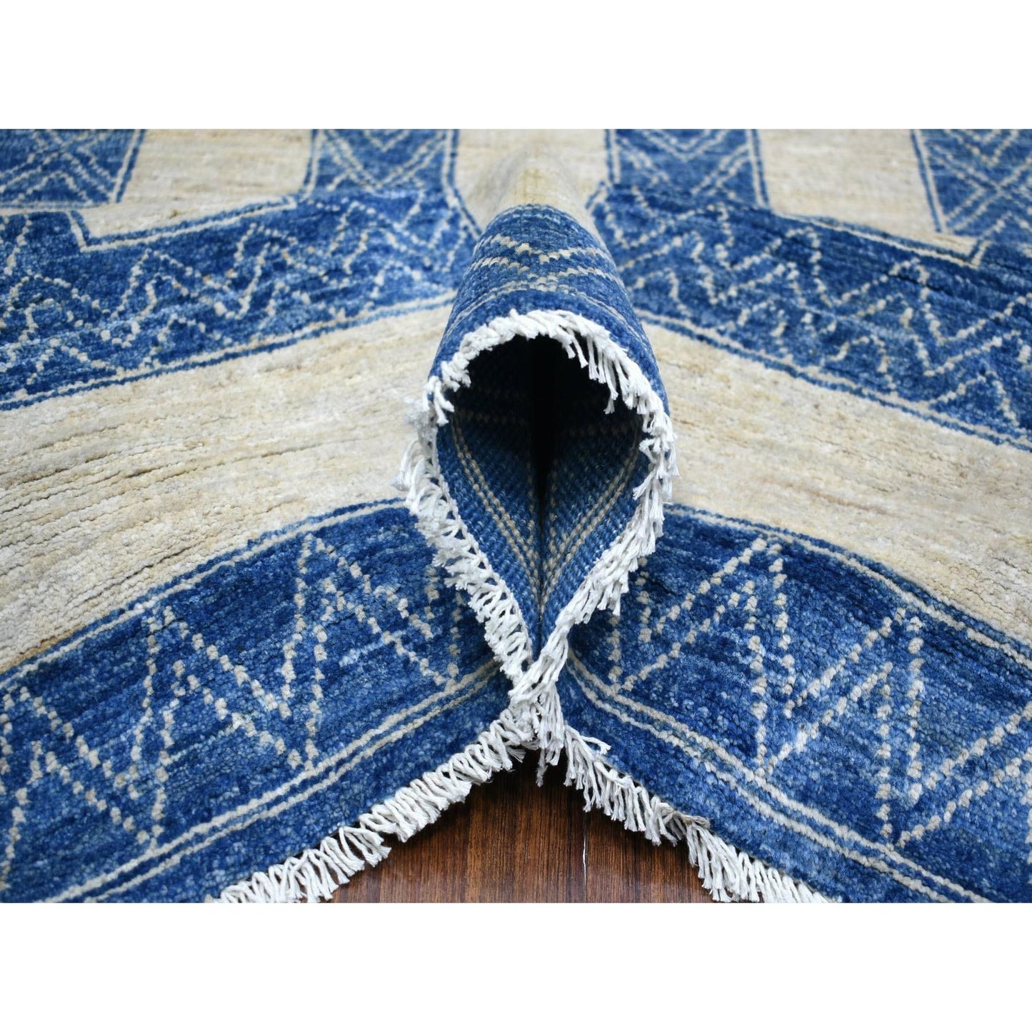 9'2"X11'9" Denim Blue Maze Design Berber Influence Hand Knotted Wool Rug