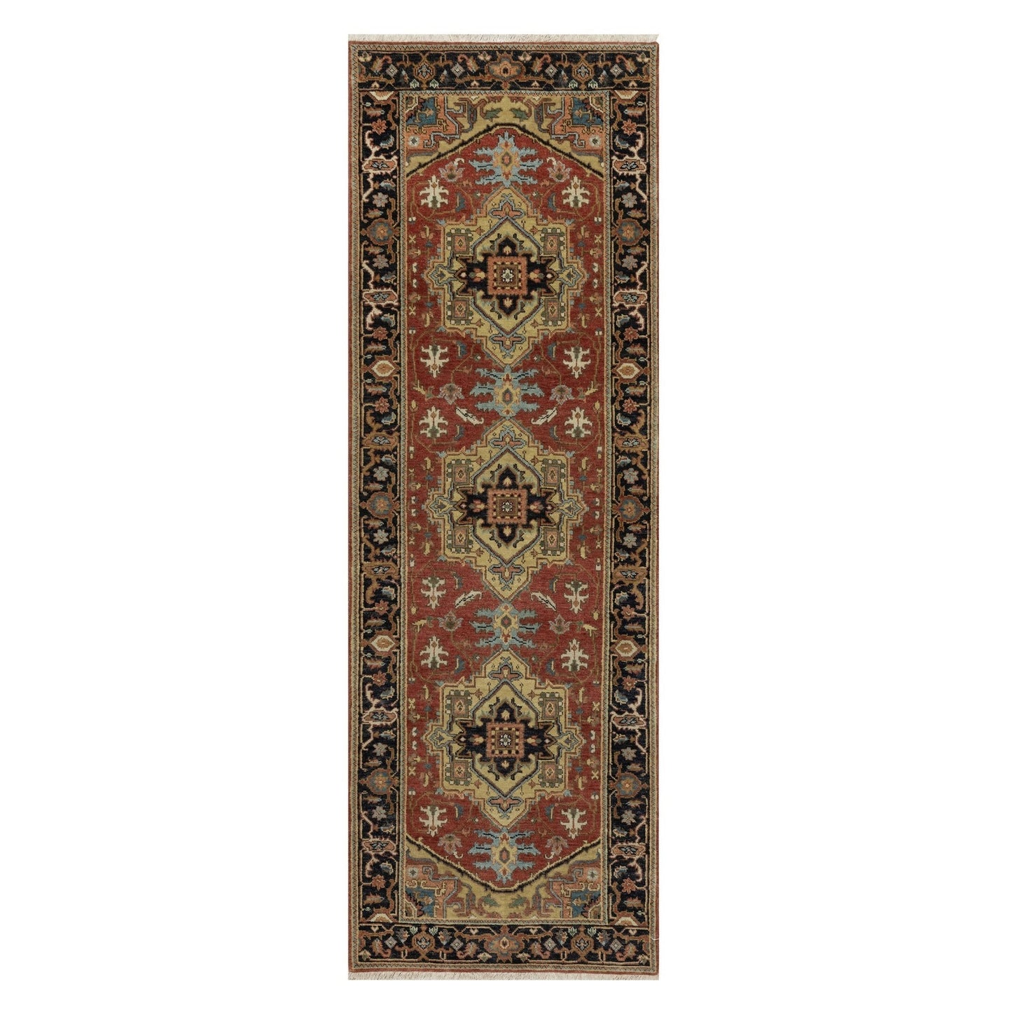 2'7"X8' Chili Red Heris Revival New Zealand Wool Hand Knotted Runner Rug