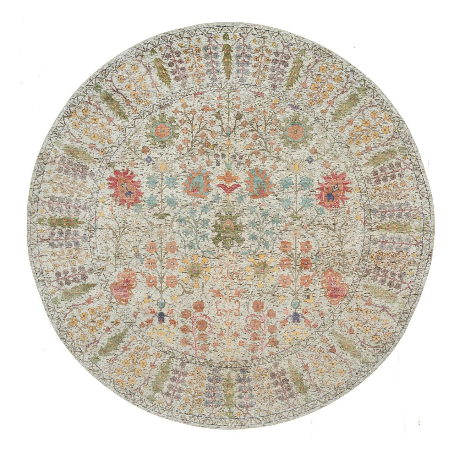 10'X10' Beige Silk And Wool Hand Knotted Directional Vase Round Rug