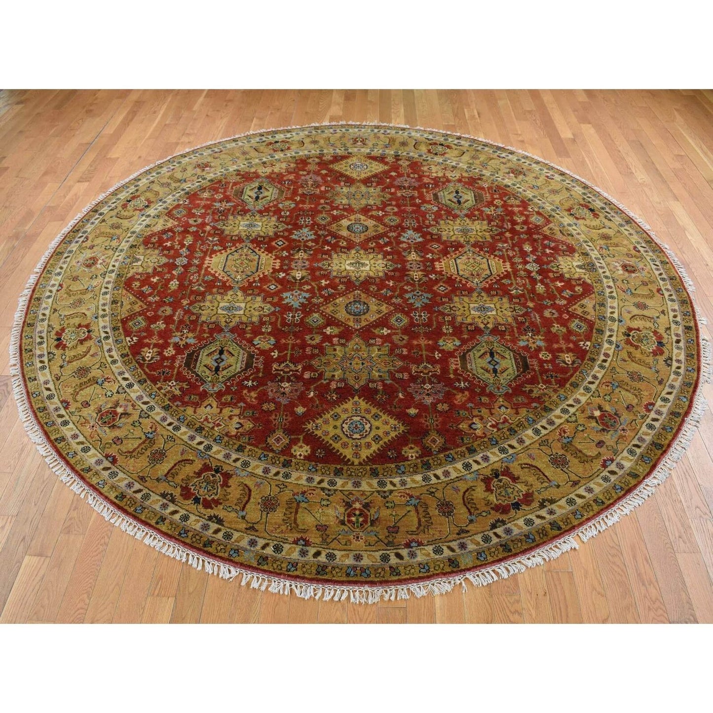 10'X10' Red Hand Knotted Karajeh Design Pure Wool Round Rug
