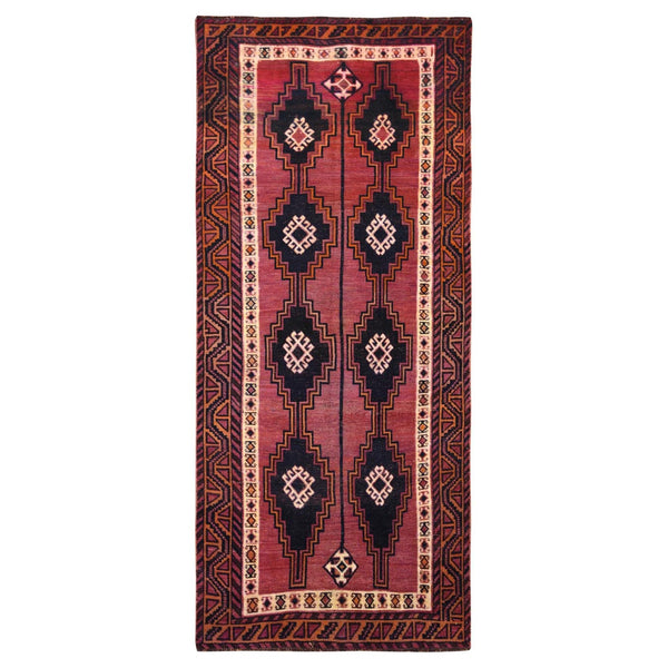 4'9"X10'5" Hand Knotted Red Farsian Qashqairaz Worn Vintage Runner Rug