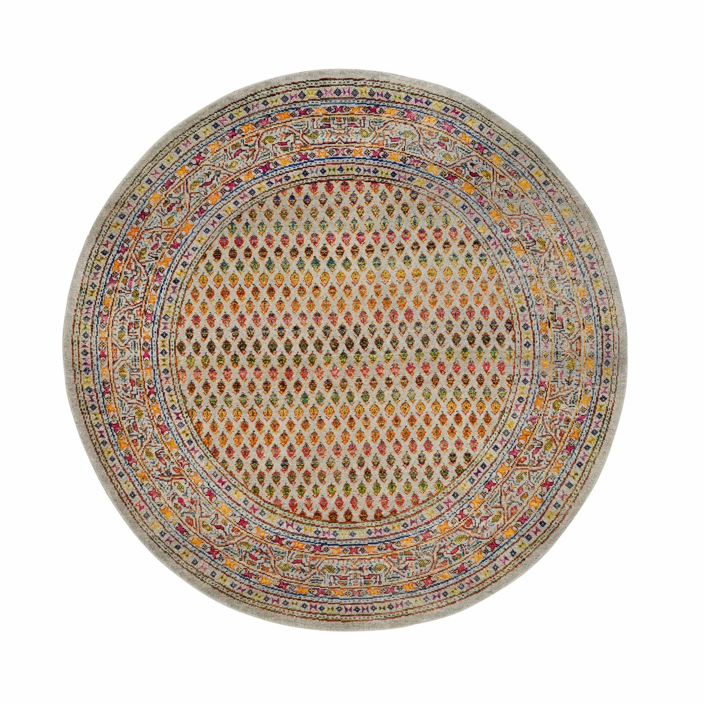 5'2"X5'2" Wool And Sari Silk Hand Knotted Beige Saroogh Round Rug