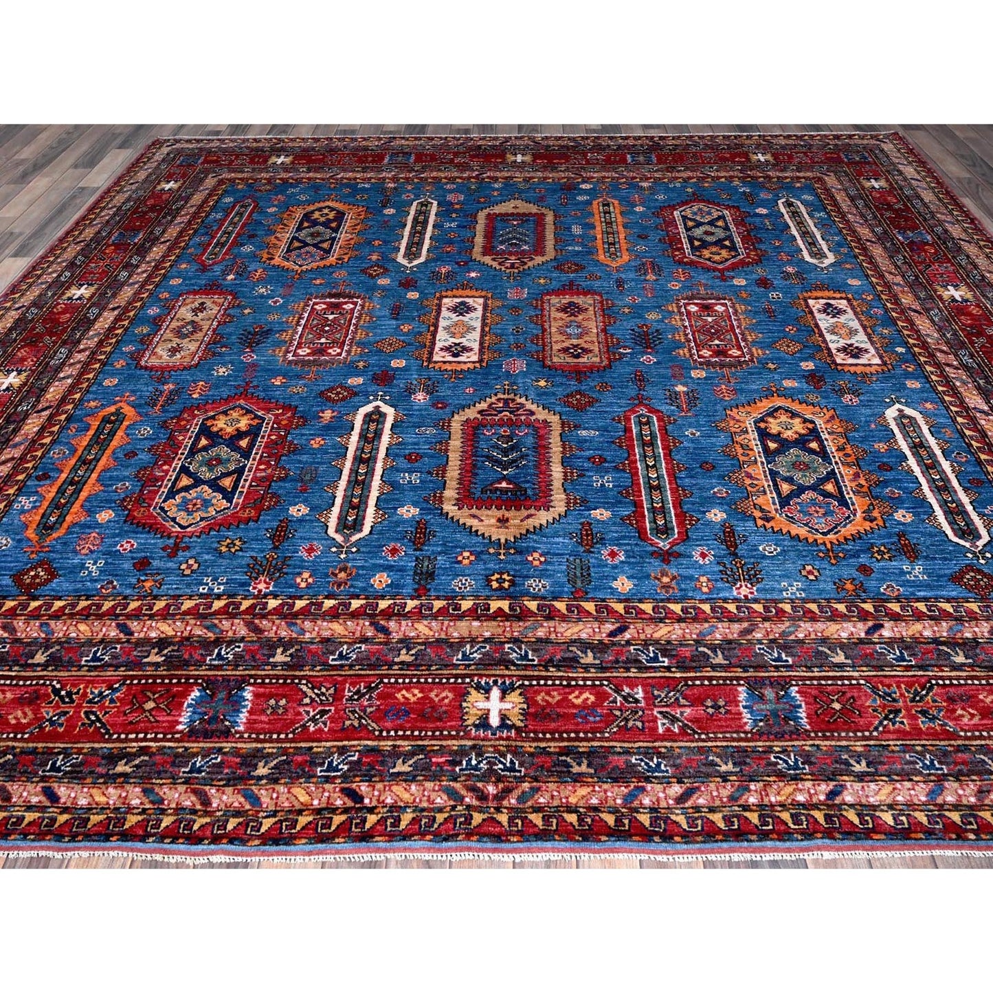 10'X10' Imperial Blue Caucasian Design Revival Hand Knotted Wool Square Rug