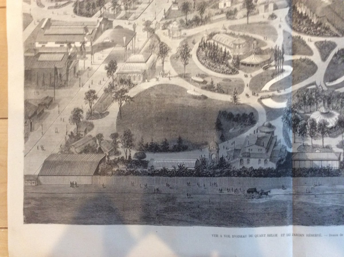 1867 Paris Exposition Wood Engraving Panorama Belgian Quarter & Gardens Ciceri