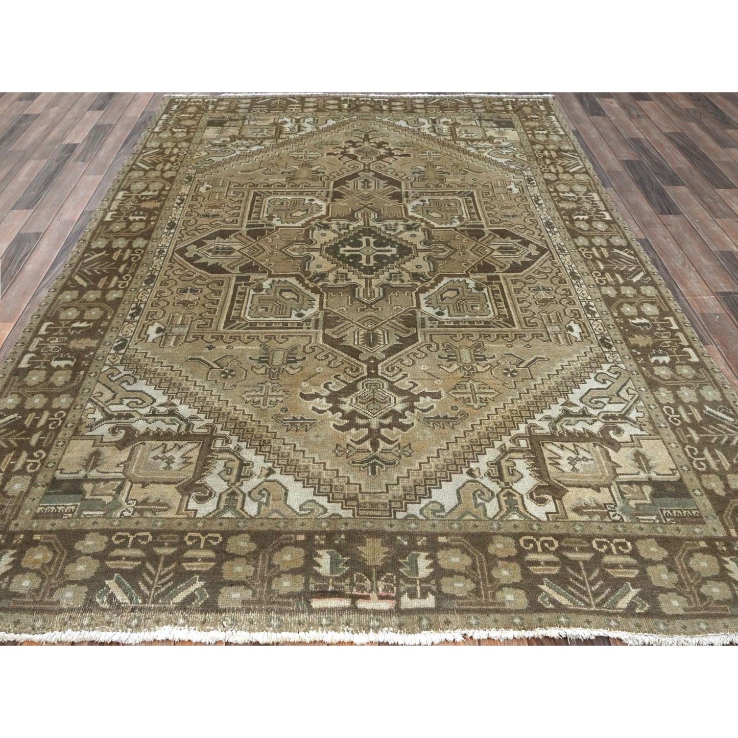 6'7"X9'3" Khaki Brown Vintage Zoroastrian Heris Hand Knotted Pure Wool Rug