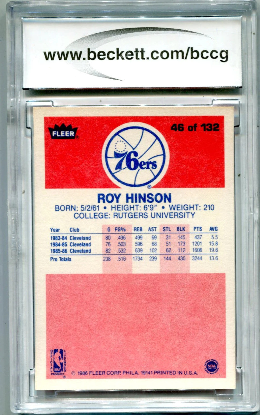 Roy Hinson 1986-87 Fleer Premier #46 Bccg Mint 10 Card